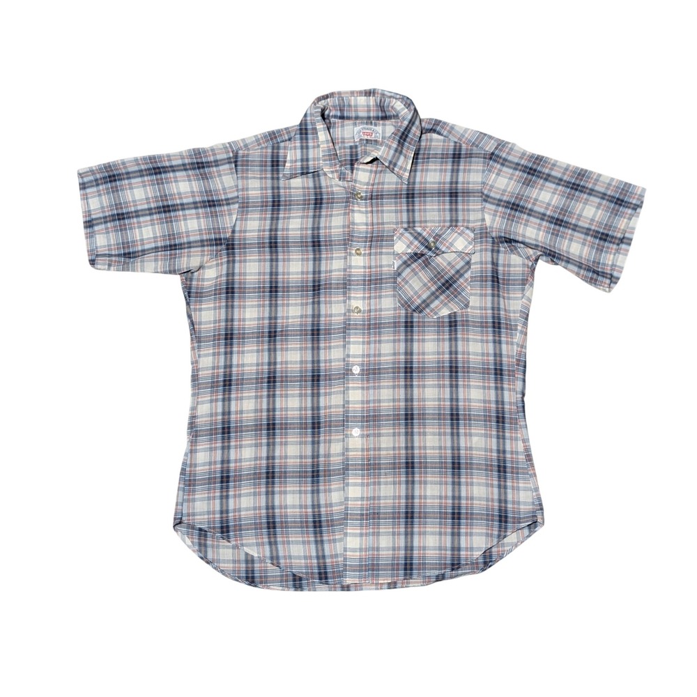 Vintage Levis Shirt Mens Large Blue Plaid White Tab Short Sleeve Button Down
